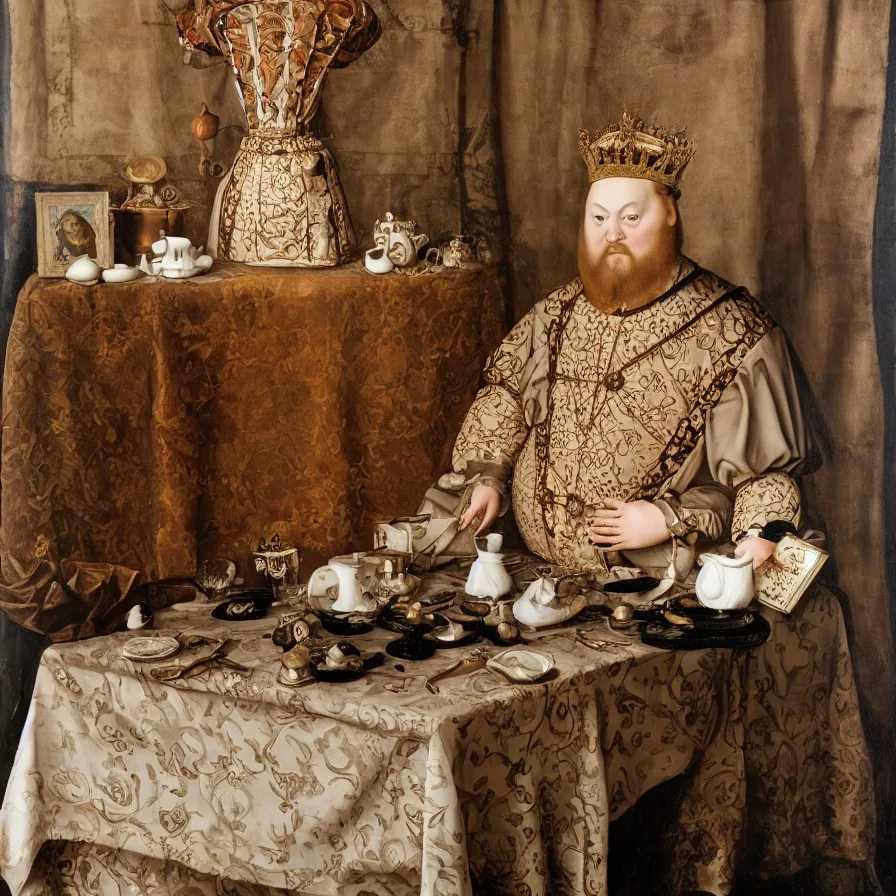 Prompt: beautiful studio photograph of a ceramics display with a portrait of henry the viii painted by hans holbein painted onto a tall angular stoneware vase with handles placed on a tablecloth on a wooden table, hyperrealism 8 k trending on artstation