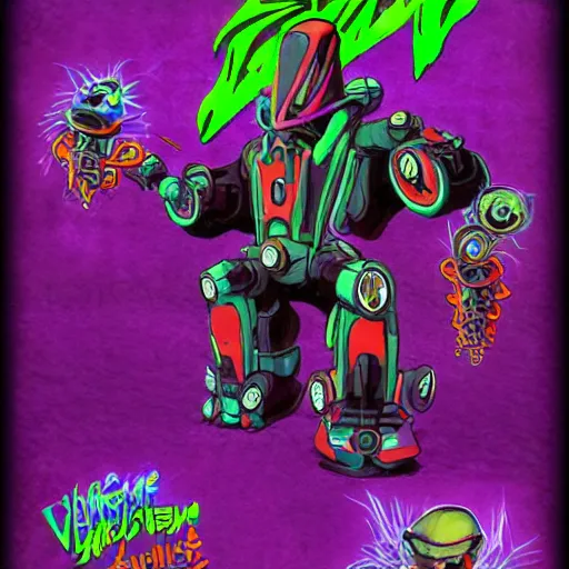 Image similar to official character sheets for a new vampire squid casual mech suit, art by tim schafer black velvetopia art for psychonauts from double fine studios, black light rave, bright neon colors, spray paint, punk, tall thin build, adult character, fully clothed, colorful