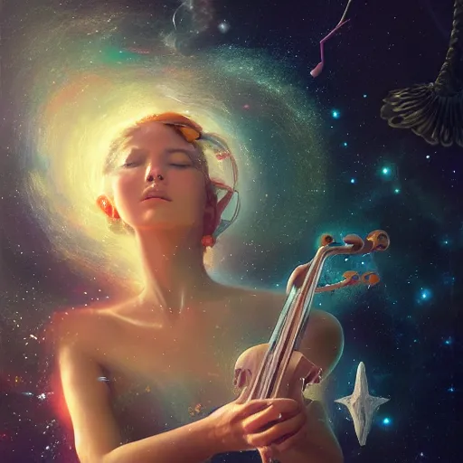 Prompt: a high quality portrait of a celestial goddess of life playing a mystical violin and springing life into the universe, by WLOP, by Beeple, by greg rutkowski