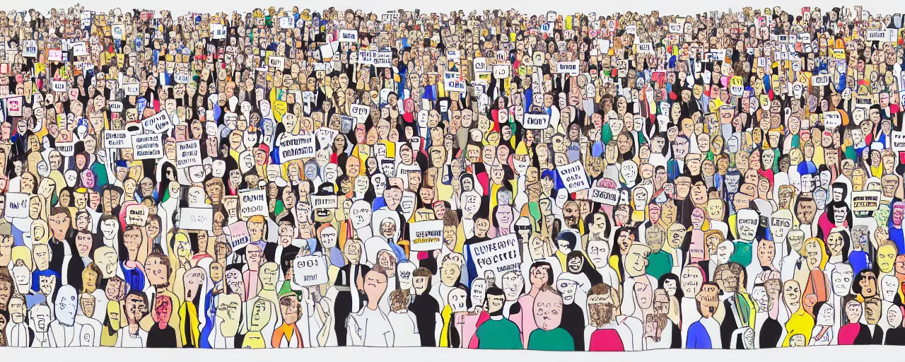 Image similar to a doodle of a crowd of very ordinary protestors with signs, front angle, by david shrigley, illustration, pen and ink, flat color, colorful drawing, facing front, anatomically correct, beautiful perfect face, sharp focus, highly detailed, cinematic lighting, 8 k, hd