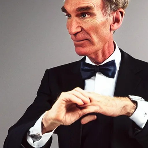 Prompt: bill nye as james bond, her majesty's secret service iconic still