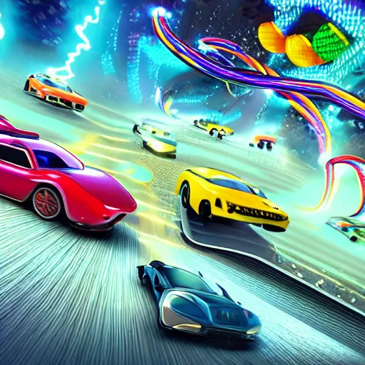 Image similar to high-speed future tech car battle, epic scene, candyland theme, fantasy, 4k