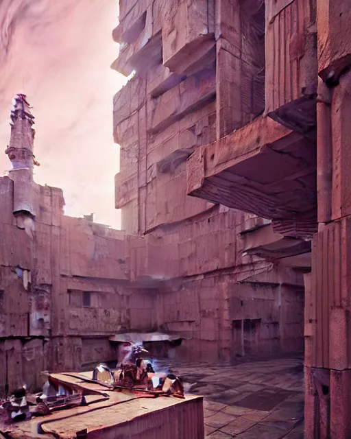 Prompt: hyperrealistic 3d render high quality baroque mecha!! iridescent pink brutalist city ruins background concept art vray! santiago caruso de chirico sharp cinematic light 8k low angle shallow depth of field