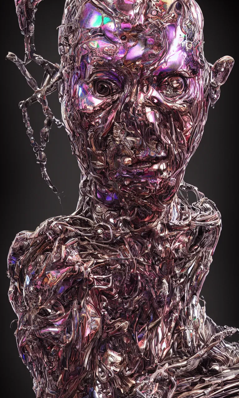 Prompt: crazy sentient humanoid with iridescent chrome like skin, unsettling, uncanny valley, bizarre, insane, vivid and vibrant, hyper detailed, hyper realistic, digital art, 8k,