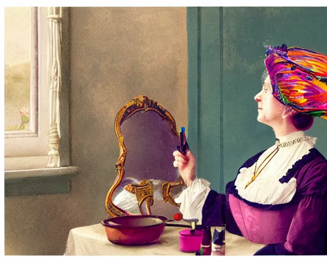 Image similar to an innocent and beautiful scene in hyper realistic style, about an old and lonely woman applying makeup in front of the camera, and modeling a victorian dress. a huge and colorful fish sits on her head.