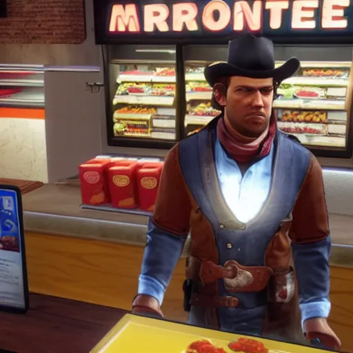 Image similar to arthur morgan as a cashier at mcdonalds