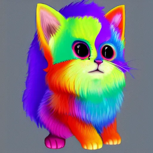 Image similar to wide angle full body, of a fluffy cute rainbow kitten wearing a black motorcycle jacket, concept art