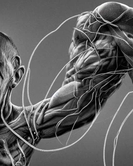 Image similar to a soldier writhing in pain with bloody wires bursting out of their right arm in the style of david cronenberg trending on artstation deviantart pinterest hyper detailed photorealistic highlights and shadow hd 8 k post - processing high resolution