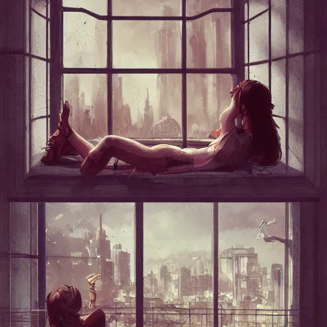 Image similar to window, eye, women, buildings, surprise, scared, couch by wlop, artgerm, greg rutkowski