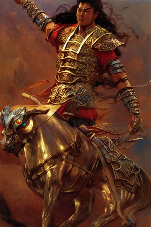 Image similar to tales from earthsea, attractive beefy male with armor, ancient china, three kingdoms, character design, dynamic lighting, cool and bright tint, painting by gaston bussiere, craig mullins, j. c. leyendecker, tom of finland