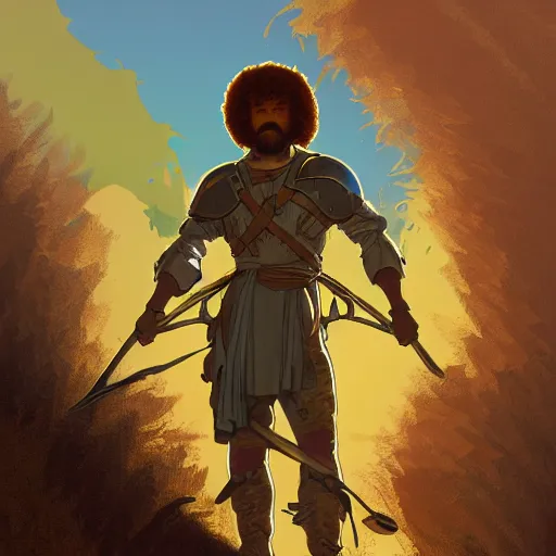 Image similar to an ultra detailed vector image of bob ross dressed as solaire of astora, concept art by alphonse mucha and greg rutkowski, bright red desert sands, bright yellow and red sun, octane render, praise the sun