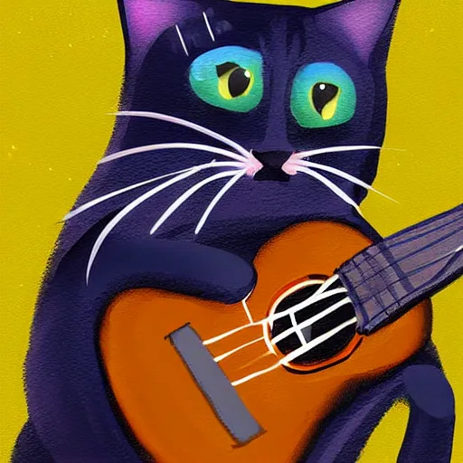 Prompt: concept art of cat playing ukulele, digital painting