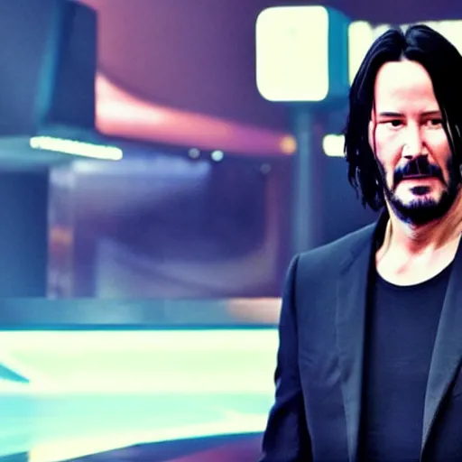 Image similar to Keanu Reeves facepalming over how bad Cyberpunk 2077 was