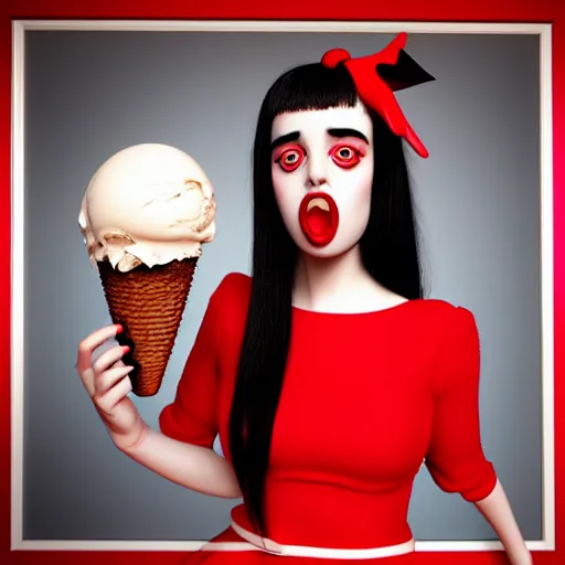 Image similar to cute girl in red dress with black hair and large beautiful eyes consuming ice cream in her bed, digital art, full body shot, perfect symmetrical body, perfect symmetrical face, coherent symmetrical eyes, by peter kemp, by monia merlo, hyperdetailed, octane render, 8 k