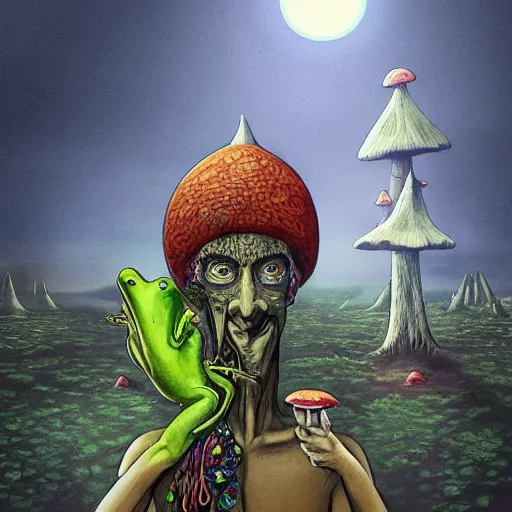 Image similar to A centered chest up portrait of a psychedelic shaman-like anthropomorphic frog smoking a hand-rolled cigarette smoking heavily , magic mushroom village in background . award winning. superb resolution. in the art style of junji Ito and greg rutkowski . Detailed Mushroom city in background. Hyper realistic anime. Perfect art. Dalle2