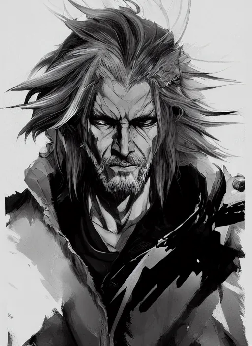 Prompt: Half body portrait of mature man with long silver hair, half man half wolf. In style of Yoji Shinkawa and Hyung-tae Kim, trending on ArtStation, dark fantasy, great composition, concept art, highly detailed, dynamic pose.