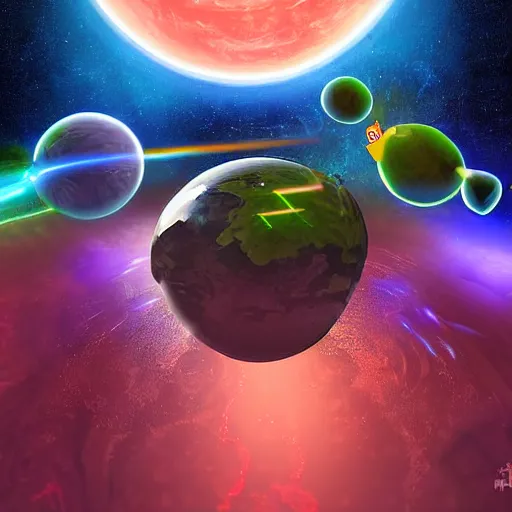 Image similar to laser war between funny creatures on a planet, digital art, award winning 4K