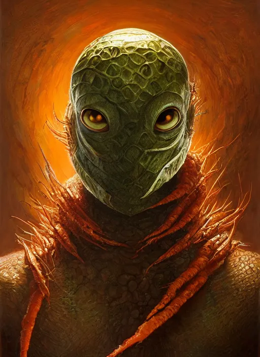 Prompt: carrot mf doom reptile eyes, carrot skin. intricate, elegant roots, highly detailed, centered, digital painting, artstation, concept art, smooth, sharp focus, illustration, artgerm, tomasz alen kopera, peter mohrbacher, donato giancola, joseph christian leyendecker, wlop, frank frazetta