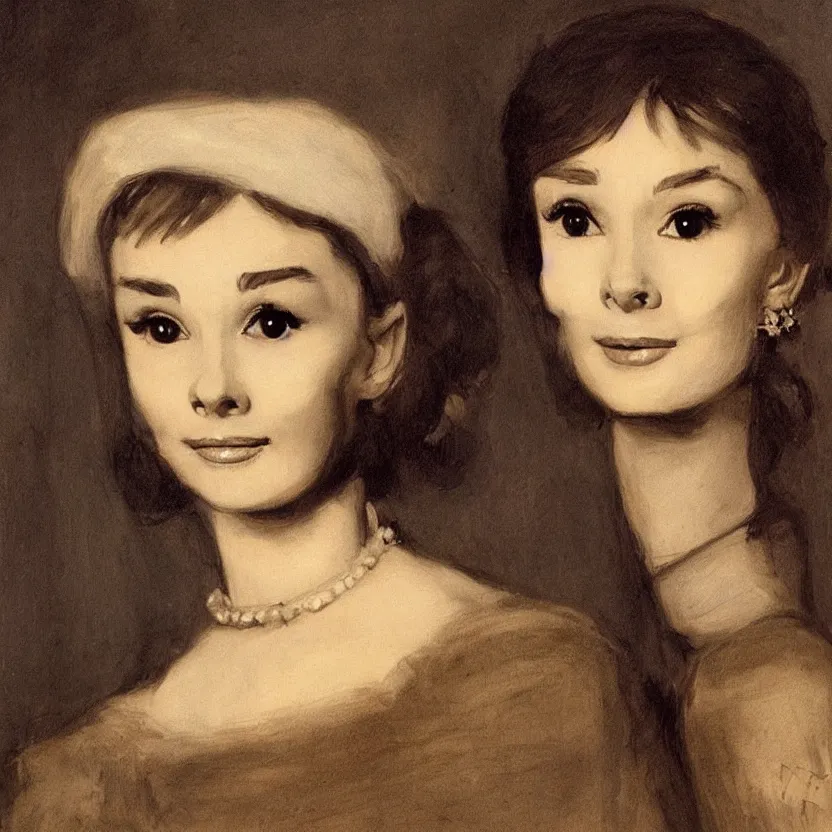 Prompt: A beautiful portrait of young Audrey Hepburn by Rembrandt van Rijn