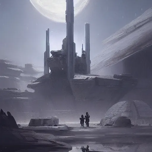 Image similar to star wars concept art by greg rutkowski, a palatial and imposing grey satelite compoud from space in the middle of lunar landscape, enigmatic atmosphere, beautiful and cinematic lighting, artstation hq.