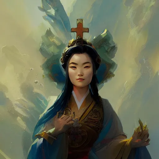 Image similar to goddess emperess mulan in the style of craig mullins, greg rutkowski, peter mohrbacher, and drew struzan. epic, majestic, awe inspiring, god rays, fissures, divine, church painting, intricate armor, extreme detail, high octane, cartoonish