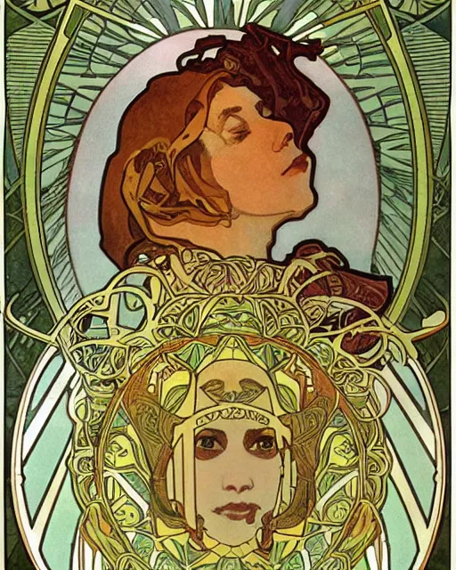 Prompt: four of an eagle, face of an lion, face of an ox, face of an human, on one creature. drawn by alphonse mucha