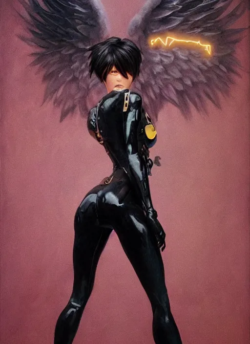 Image similar to full body artwork of tracer overwatch, wearing black latex outfit, in style of zdzisław beksinski, angel wings, dramatic painting, wearing detailed steel collar, black shiny armor, chains, black harness, detailed face and eyes,