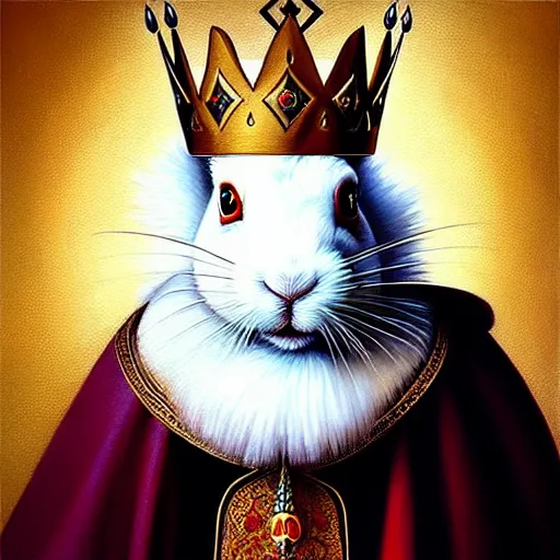 Image similar to “ an oil painting portrait of an evil white hare wearing medieval royal robe and an ornate crown on a dark background ” digital art, concept art, highly detailed, 3 - d 4 k, trending on art station, award winning, mark brooks,