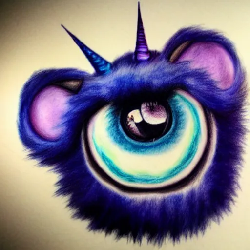 Image similar to A realistic drawing of a blue fuzzy monster with purple horns and one big cute eye