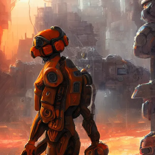 Prompt: detailed sci-fi art, soldiers wearing orange camouflage futuristic tactical armor advancing through a devastated futuristic city, highly detailed, digital painting, artstation, concept art, smooth, sharp foccus ilustration, Artstation HQ.