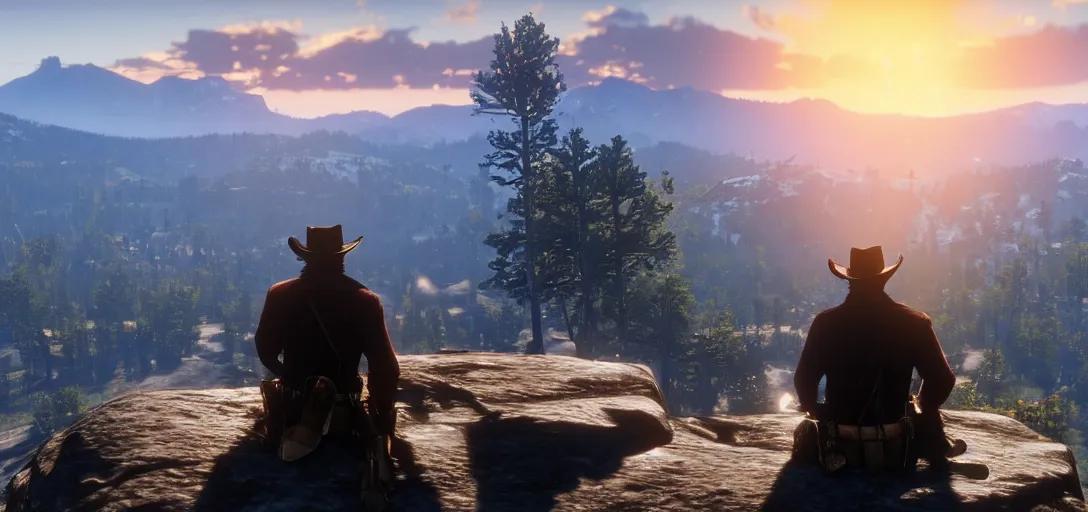 Image similar to Arthur Morgan from Red Dead Redemption 2 sitting at the top of a rocky mountain looking at a beautiful sunrise in the distance