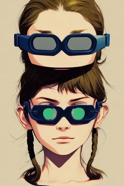 Prompt: face of a beautiful girl wearing goggles, olive skin, symmetrical, ilya kuvshinov, jamie hewlett, yoji shinkawa, muted colors, portrait, beautiful detailed illustration, 17th century oil painting, flat colors, studio ghibli, cel shading, loish, pop art,