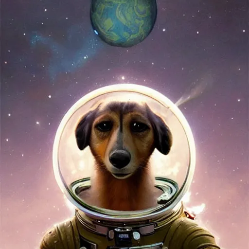 Prompt: realistic heroic portrait of Laika the russian space dog, first dog in orbit 1957, wearing her space helmet, in a circle frame, art by Artgerm and Greg Rutkowski and Alphonse Mucha