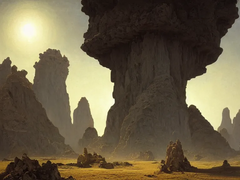 Prompt: an oil painting of a fractal monilith in the center of an alien desert with bright sunlight by carl spitzweg and tuomas korpi. baroque elements, full-length view. baroque element. intricate artwork by caravaggio. Trending on artstation. 8k