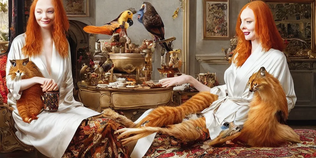 Image similar to a stunning hyper-detailed photorealistic painting of a slender beautiful smiling woman with long ginger hair and bangs, wearing a luxurious silk robe, wearing headphones and posing with her large ginger tabby cat and her raccoon and parrots in an overstuffed easy chair in her sunlit victorian living room, holding a porcelain parrot-shaped coffee mug and a donut, perfect eyes, fashion photography, cinematic lighting, octane render, IBEX Mastesr, unreal engine, 85 mm lens,