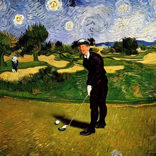 Prompt: Adolf Hitler playing golf van Gogh art