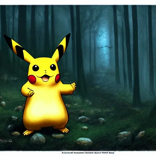 Prompt: pikachu as a cryptid in a dark ominous forest, foggy, dim lighting, artwork by andrew ferez