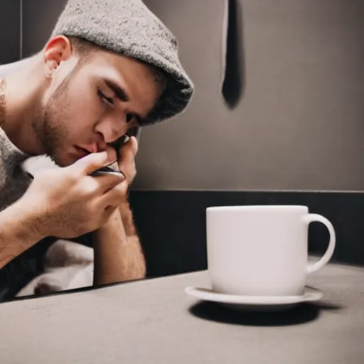 Image similar to dream an attractive young man sitting on top of the toilet drinking coffee and scrolling tiktok on his iphone, distant thoughtful look