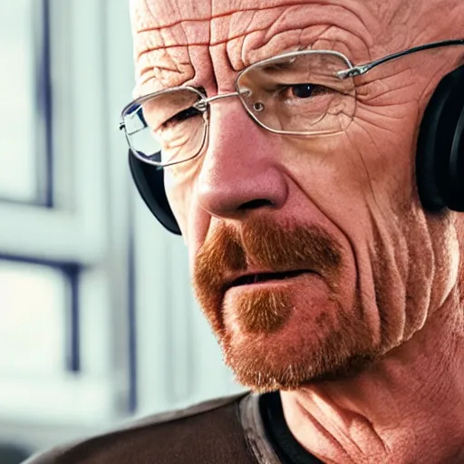 Image similar to close up, cropped award winning photo of walter white wearing pink headphones and shouting, incredibly detailed, sharp focus, hyper realistic