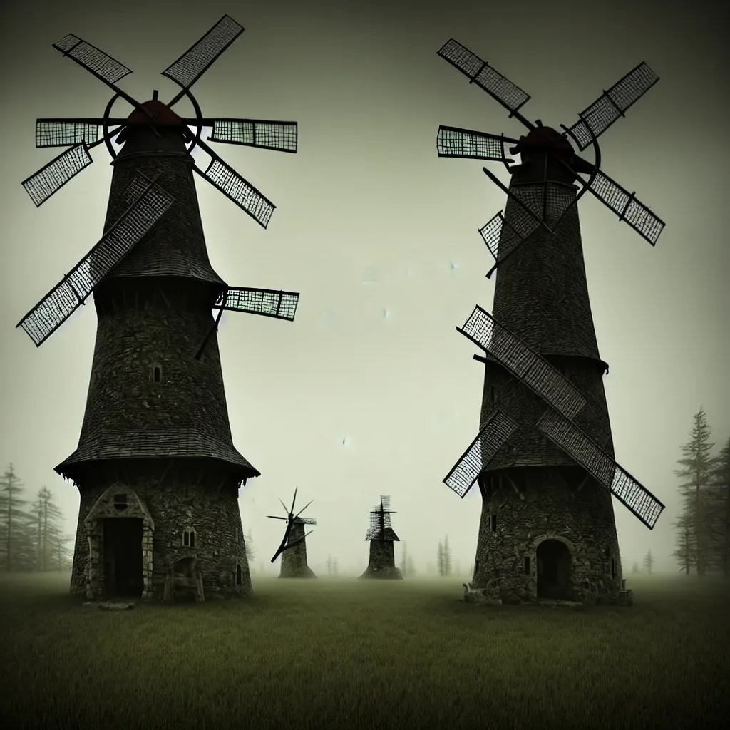 Prompt: evil witches wearing animal bones, old stone windmill, forest background, a detailed matte painting, fantasy, foggy, dark, 8 k