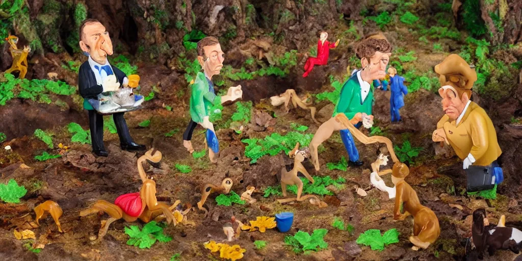 Image similar to alan sugar plasticine models, stop motion animation eating leaves pastry pets on his shoulders going for a walk in the country. in the forest on the floor. the apprentice sitting on hands. eating burnt toast and drinking fresh clear water from a stream, painting in the style of salvador dali.