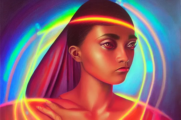 Image similar to patron saint of 🛸🌈👩🏾, futuristic clothing, neon god of city character portrait, in the style of margaret keane, moebius, tom bagshaw, and waterhouse, cinematic lighting, beautiful, elegant, oil painting,