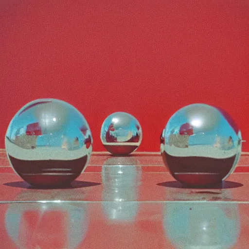 Prompt: chrome spheres on a red cube, kodak gold photograph