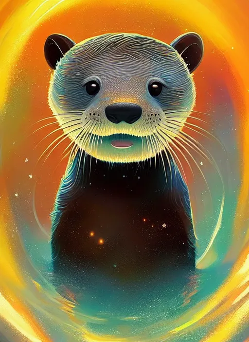 Image similar to a beautiful portrait of a cute otter swimming in outer space galaxy, detailed trending on artstation!, ( art by rhads ), ( art by miyazaki )