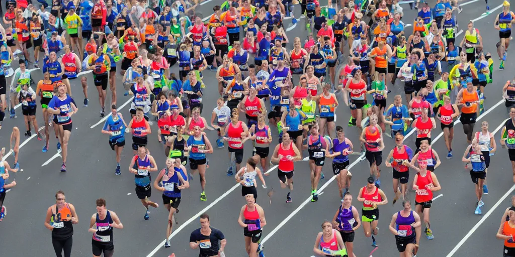 Image similar to photograph of long row of marathon runners, start line, advertising campaign, muted colours, studio backdrop, diverse people