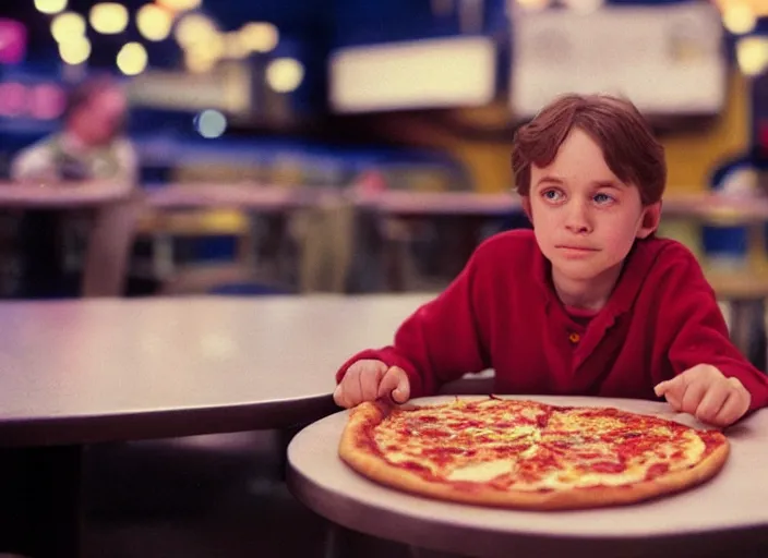 Image similar to portrait of charlie kaufman eating pizza at chuck - e - cheese with sloppy cheesy sauce getting slopped up all over the place, dramatic lighting, moody film still from being john malkovich ( 2 0 1 0 ), 3 5 mm kodak color stock, 2 4 mm lens, directed by spike jonze, ecktochrome