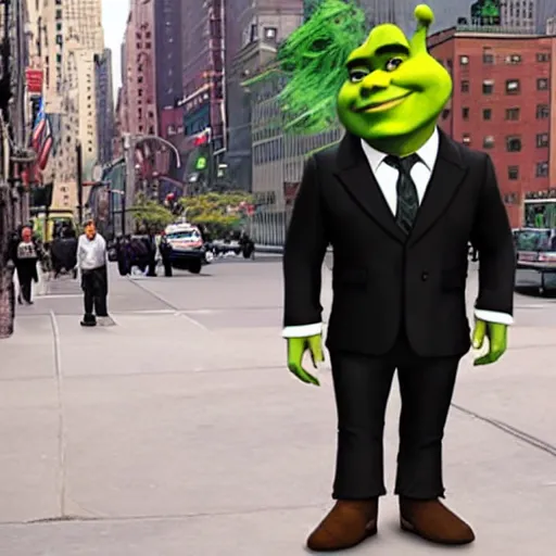 Image similar to shrek walking on new york street wearing a suit , hyperrealistic