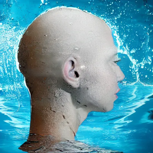 Prompt: water artwork manipulation in the shape of a human head, on the ocean water, ray tracing, realistic water sharp focus, long shot, 8 k resolution, cinematic