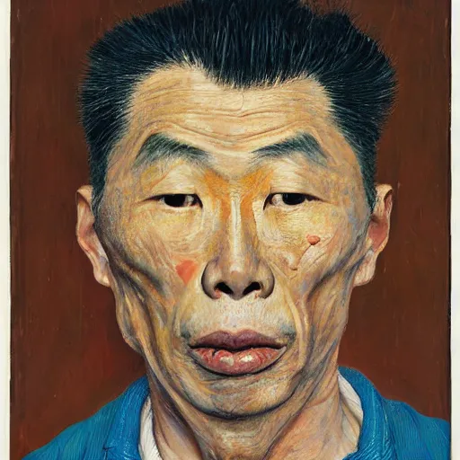 Prompt: detailed portrait of an asian american man in his 3 0 s, by lucian freud, francis bacon, john chamberlain, willem de kooning, andreas franke, jean giraud, rob gonsalves, james gurney, james jean, ruan jia, gustav klimt