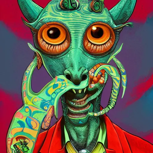 Prompt: a dik dik monster with tattoos wearing a fedora, colorful, digital art, fantasy, magic, trending on artstation, ultra detailed, professional illustration by basil gogos